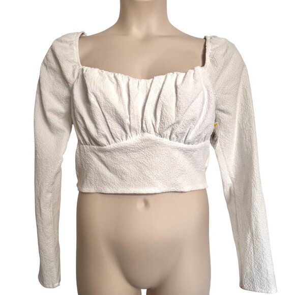 Astr The Label Cream Textured Cropped Top Size XL Long Sleeve Puff Shoulder Stre - Picture 9 of 9